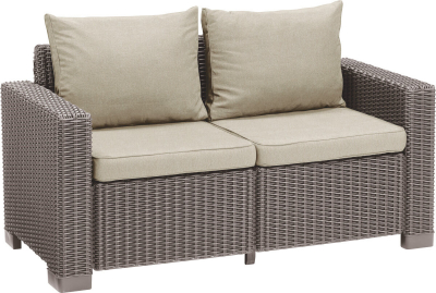Диван пластиковый плетеный с подушкой Keter California 2 Seater Sofa пластик с имитацией плетения капучино, песочный Фото 1