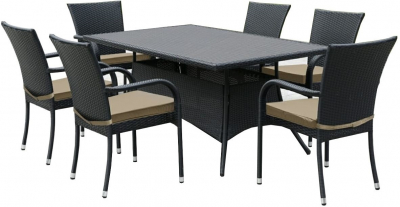 Стол плетеный со стеклом Afina T170S-W5 Black сталь, искусственный ротанг, закаленное стекло черный Фото 1