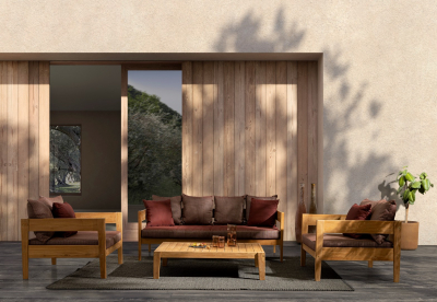 Диван деревянный с подушками Garden Relax Kobo тик, олефин натуральный, винный Фото 7