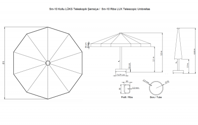 Зонт профессиональный Ø5 м THEUMBRELA SEMSIYE EVI Lux Telescopic алюминий, полиэстер бежевый Фото 2