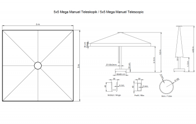 Зонт профессиональный 5х5 м THEUMBRELA SEMSIYE EVI Mega Telescopic Manual алюминий, олефин Фото 2