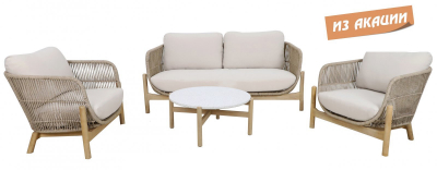 Комплект деревянной плетеной мебели Tagliamento Talara акация, роуп, олефин, искусственный камень бежевый, лен Фото 1