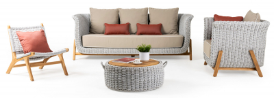 Комплект плетеной лаунж мебели RosaDesign Zante тик, алюминий, роуп, ткань натуральный, белый, серый Фото 1