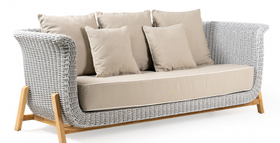 Диван трехместный плетеный с подушками RosaDesign Zante тик, алюминий, роуп, ткань натуральный, белый, серый Фото 1