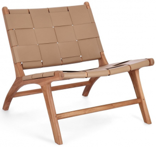 Стул лаунж деревянный с обивкой Garden Relax Joanna тик, натуральная кожа натуральный, тортора Фото 1